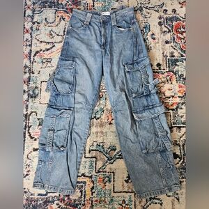 Zara Wide Leg Cargo Denim Jeans Women Size 4 Blue Baggy Multi Pockets